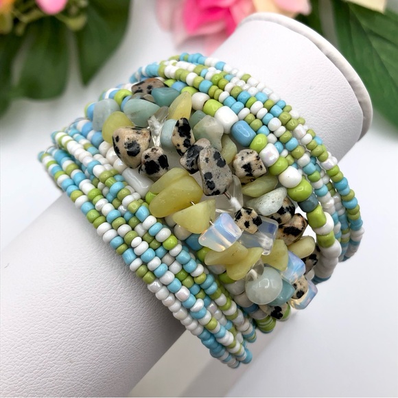 Fashion Jewelry Jewelry - Beaded Cuff Bracelet With Stone Chip Gemstone Leopard Jasper